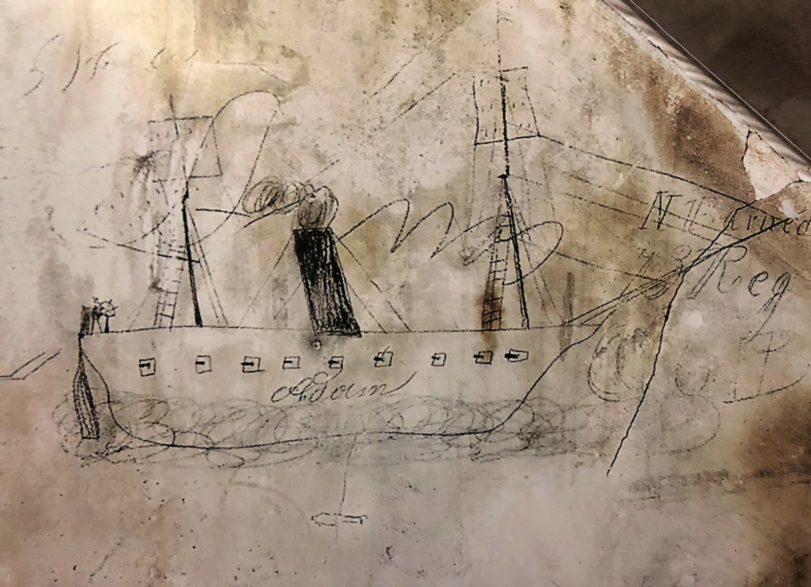 Drawing of a ship by Civil War soldier | Northern Virginia Civil War Graffiti Trail | Military tourism | Fairfax Virginia