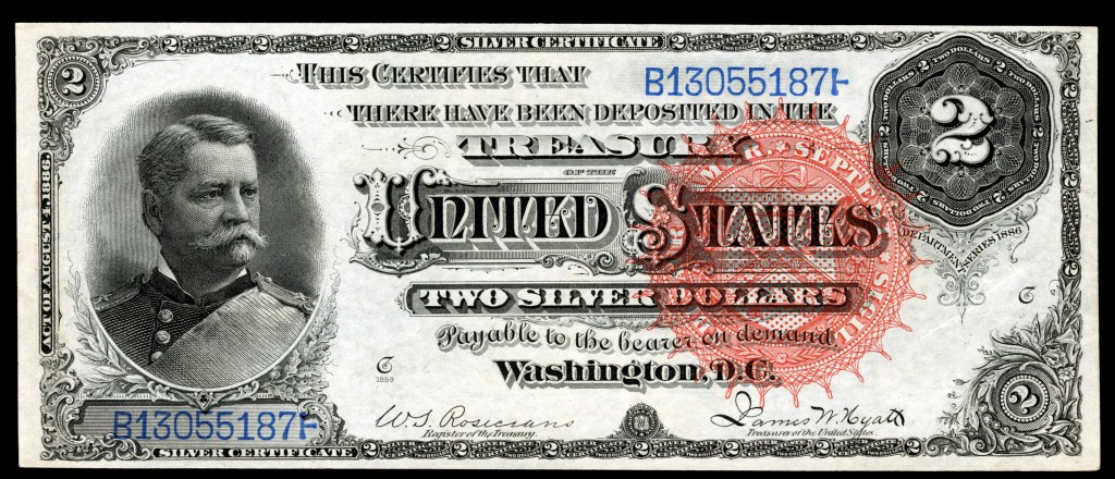 $2 Silver Certificate with portrait of Winfield Scott Hancock. 