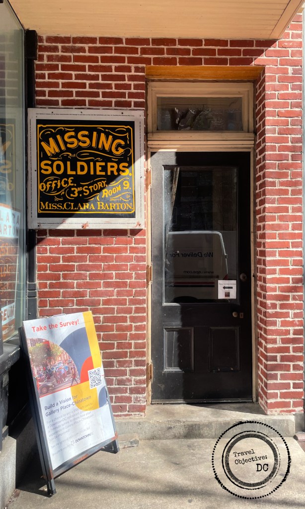 The entrance door leading to the stairway at the Clara Barton Missing Soldiers Office Museum. 