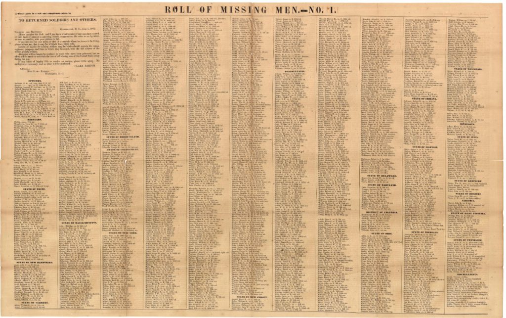 An example of a Roll of Missing Men which Clara Barton had printed and distributed nationwide. 