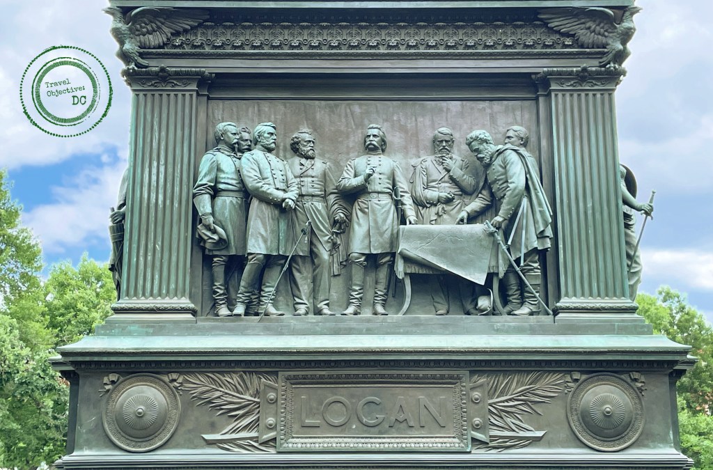 Bas-relief sculpture of John Logan conferring with fellow officers from his statue in Logan Circle Park