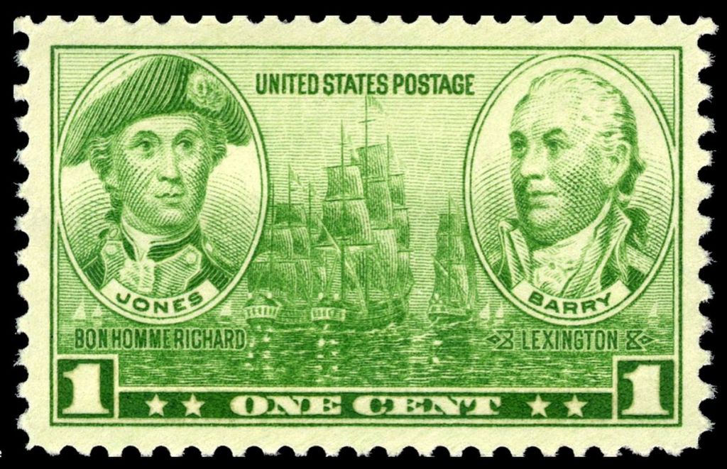 A 1936 postage stamp featuring naval heros John Barry and John Paul Jones