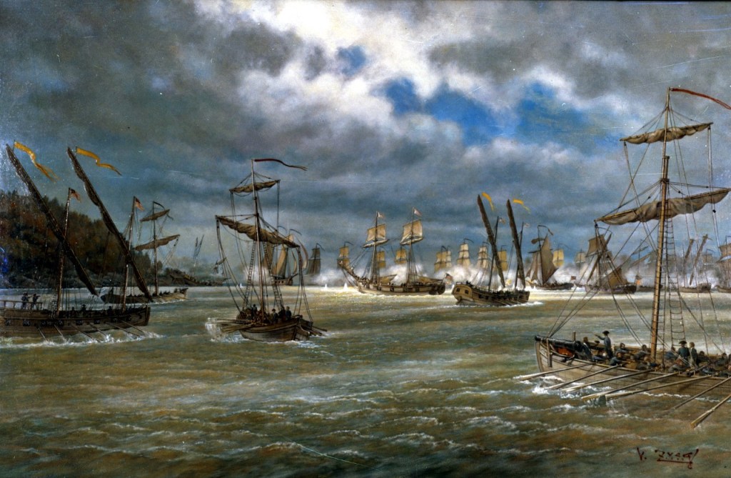 Painting of a ship battle on a stormy lake. The Battle of Valcour Island by V. Sverg.